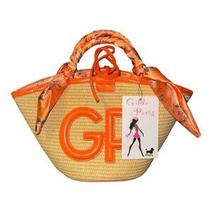 Gilda Paris Women's Orange Straw Tote Bag with Scarf Detail​